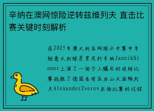 辛纳在澳网惊险逆转兹维列夫 直击比赛关键时刻解析